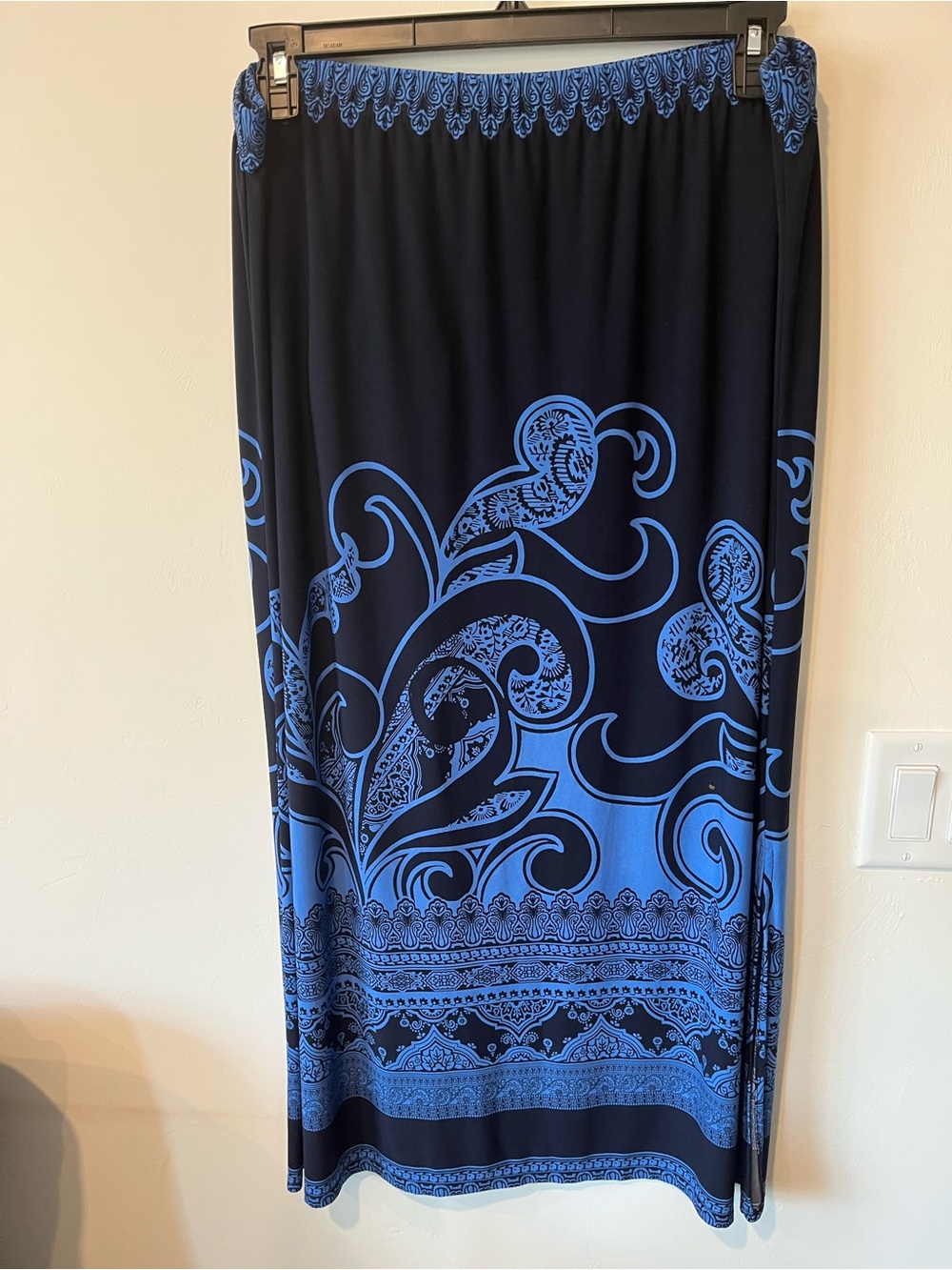 Susan Graver Black Maxi Skirt with Blue Paisley Border